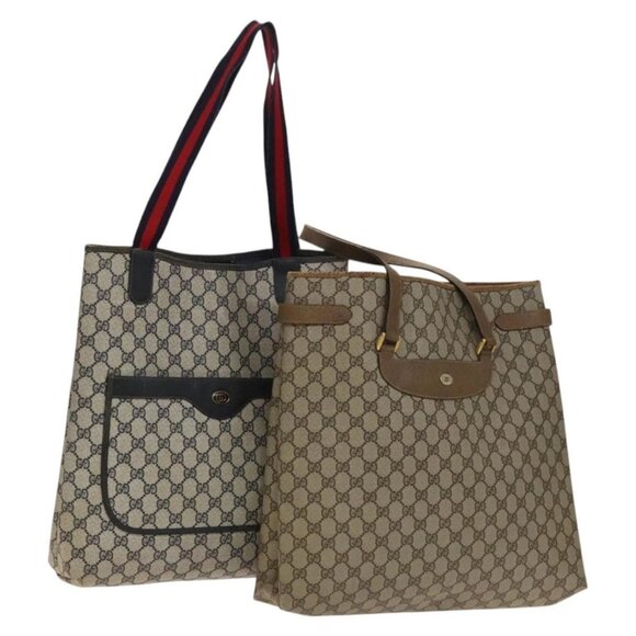 GUCCI GG Supreme Sherry Line Tote Bag PVC 2Set Beige Navy Auth BA5125 - Picture 1 of 16